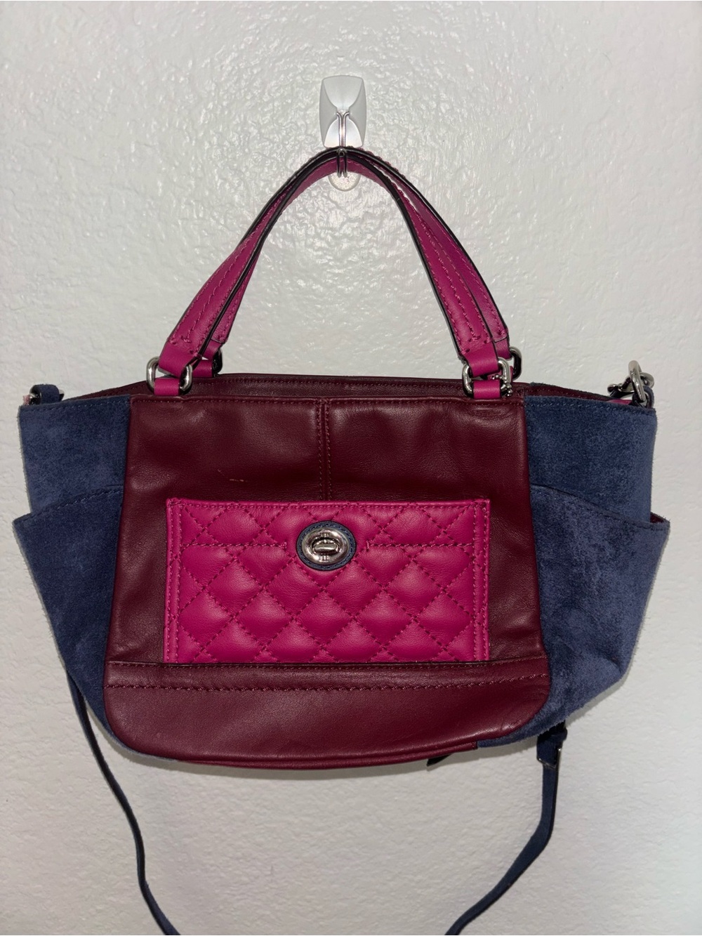 Vintage Coach Leather & Suede Colorblock Satchel - Pink, Burgundy, Navy